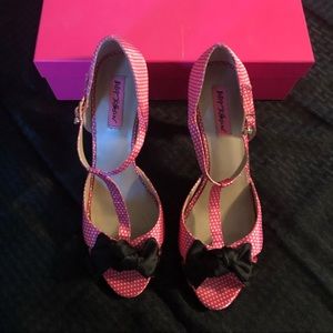 Betsey Johnson pink polka dot peep toe heels, 10M.